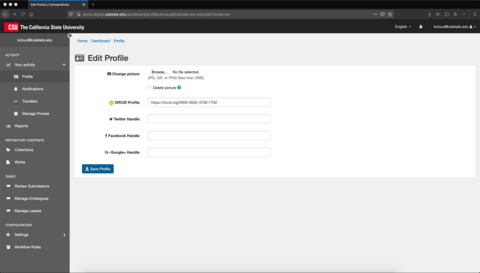 A screenshot showing the dashboard for ScholarWorks. There is a menu on the left hand side of the screen. 