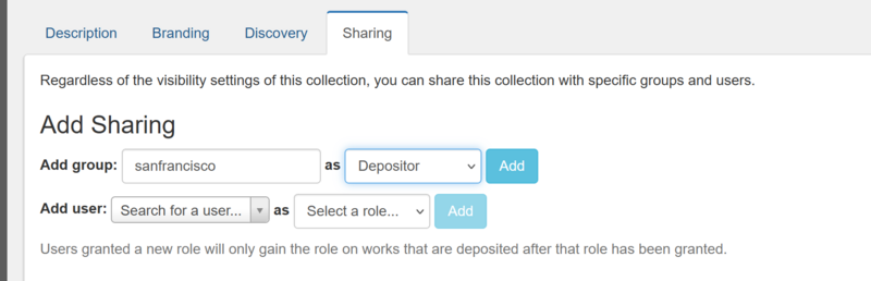 Sharing tab, Add group as Depositor