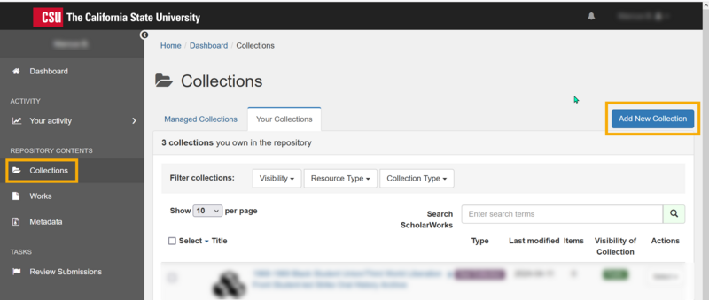 To create a collection, in the ScholarWorks dashboard, go to Repository Contents, select Collections; New Collection