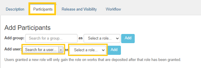 Screenshot of ScholarWorks UI showing how to add users and assign them a role in the Participants tab.