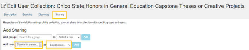 Screenshot of ScholarWorks UI showing how to add users to a collection and assign them a role.