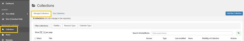Screenshot of ScholarWorks UI showing how to navigate to the Managed Collections tab