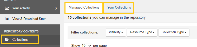 Screenshot of ScholarWorks UI showing how to navigate to the Managed Collections and Your Collections tabs.